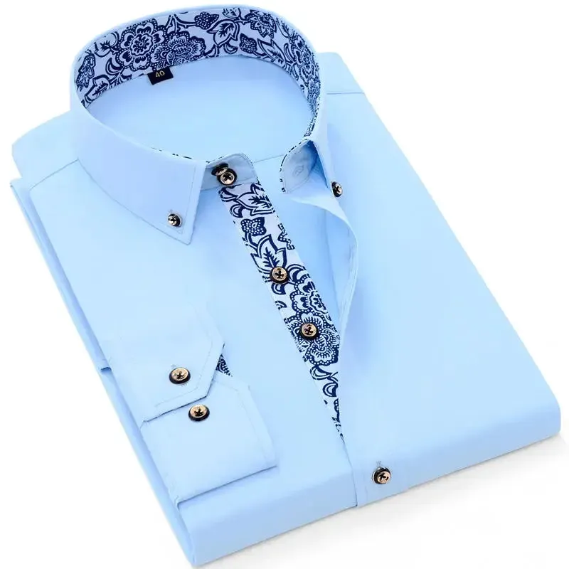 Men's Business Casual Long Sleeve Shirt Slim-fit - Blue and White Porcelain Collar - Formal Cotton Shirt