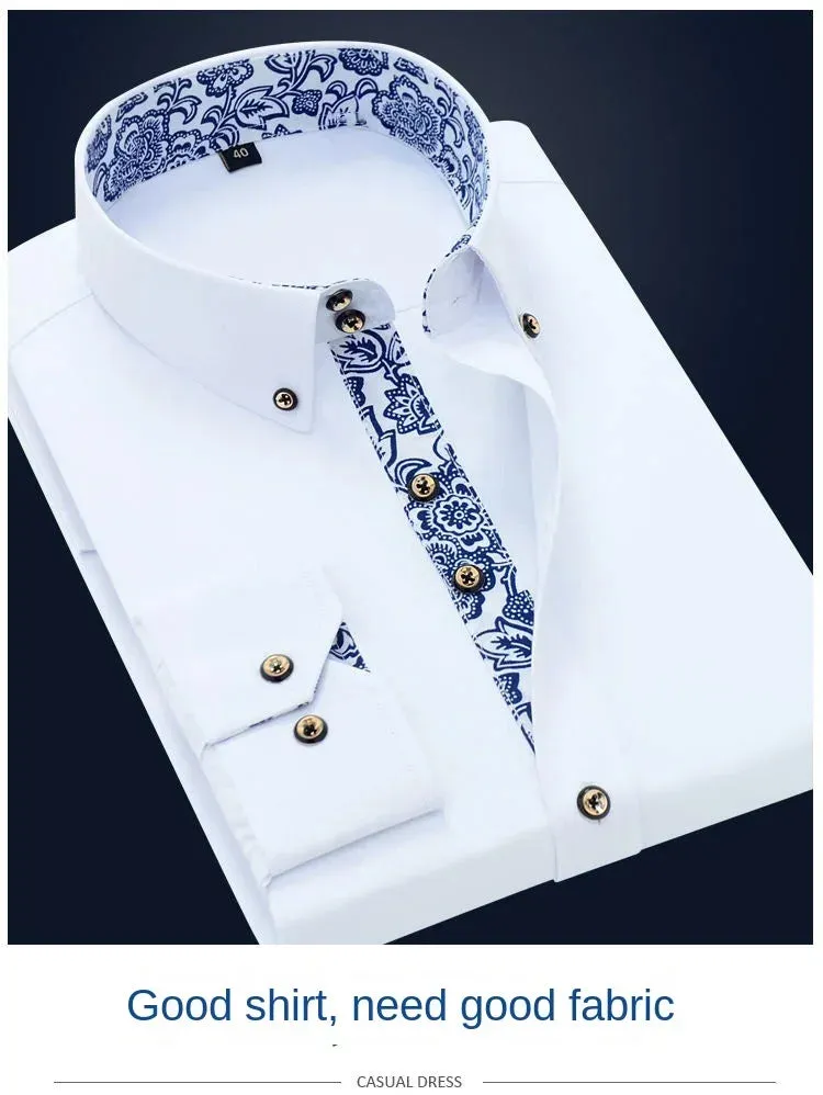 Men's Business Casual Long Sleeve Shirt Slim-fit - Blue and White Porcelain Collar - Formal Cotton Shirt