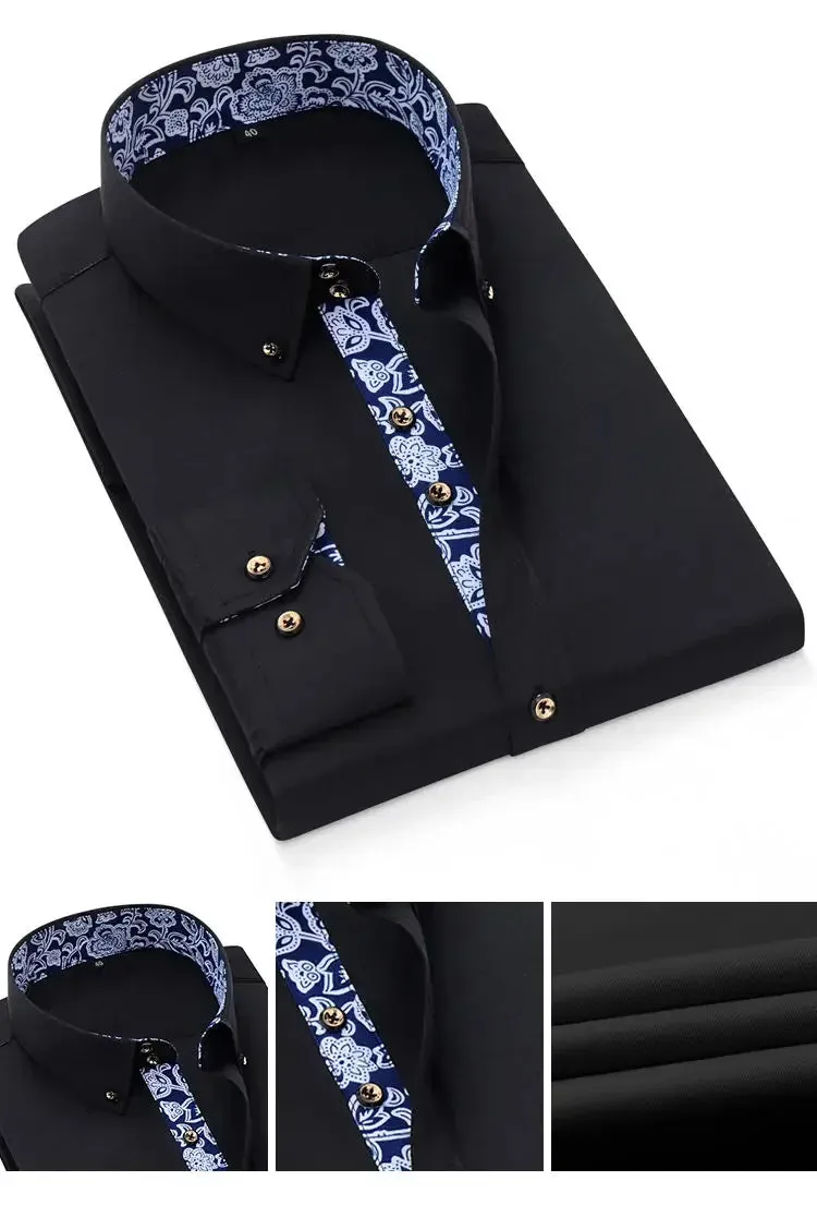 Men's Business Casual Long Sleeve Shirt Slim-fit - Blue and White Porcelain Collar - Formal Cotton Shirt