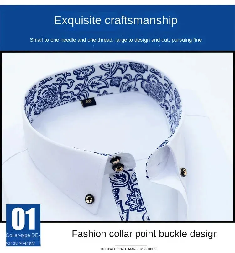 Men's Business Casual Long Sleeve Shirt Slim-fit - Blue and White Porcelain Collar - Formal Cotton Shirt
