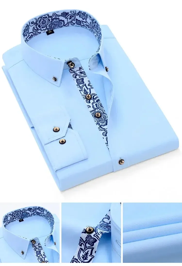 Men's Business Casual Long Sleeve Shirt Slim-fit - Blue and White Porcelain Collar - Formal Cotton Shirt