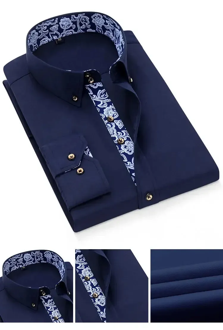 Men's Business Casual Long Sleeve Shirt Slim-fit - Blue and White Porcelain Collar - Formal Cotton Shirt