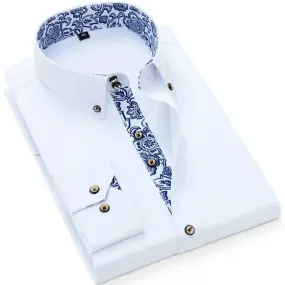 Men's Business Casual Long Sleeve Shirt Slim-fit - Blue and White Porcelain Collar - Formal Cotton Shirt