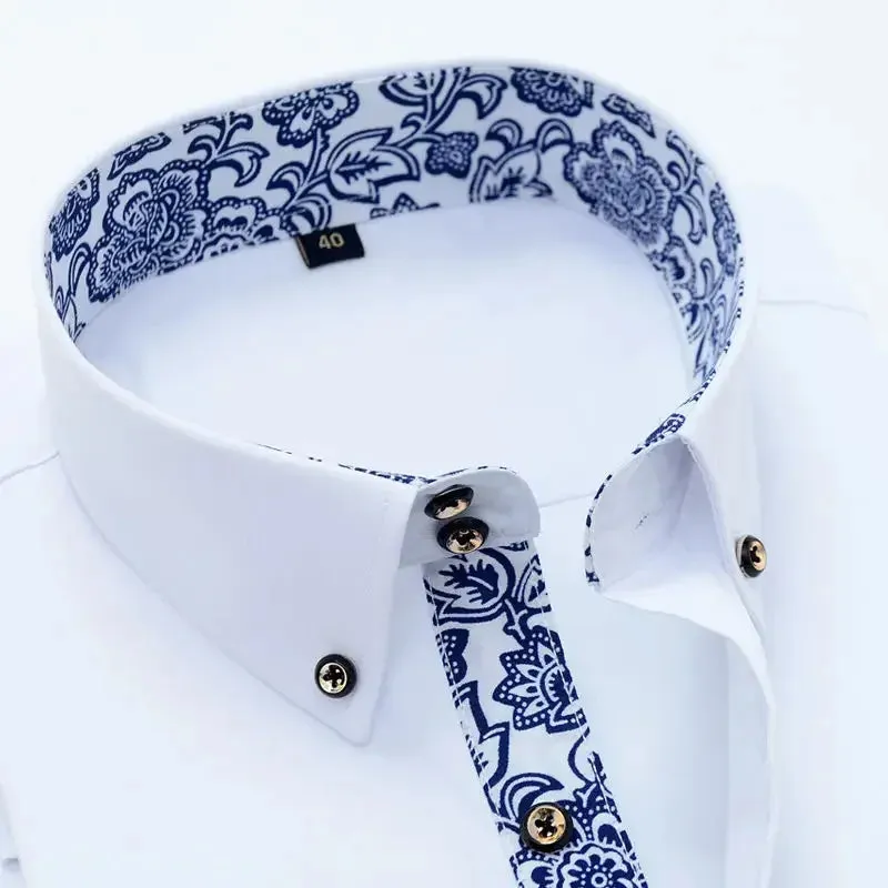 Men's Business Casual Long Sleeve Shirt Slim-fit - Blue and White Porcelain Collar - Formal Cotton Shirt