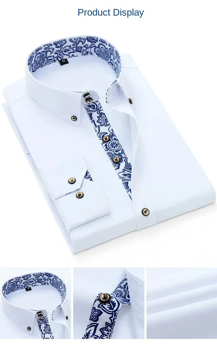 Men's Business Casual Long Sleeve Shirt Slim-fit - Blue and White Porcelain Collar - Formal Cotton Shirt