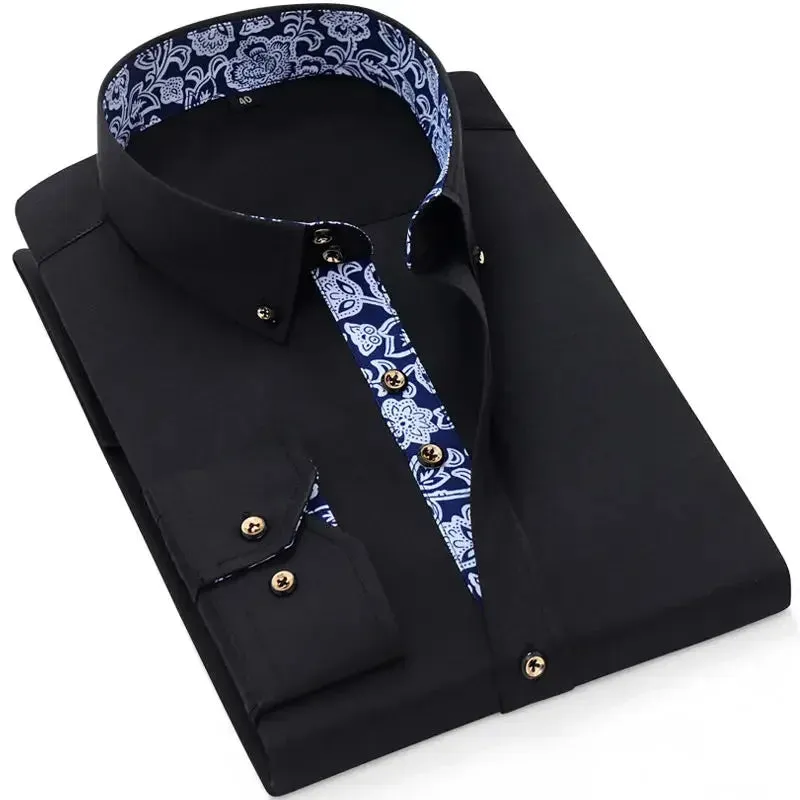 Men's Business Casual Long Sleeve Shirt Slim-fit - Blue and White Porcelain Collar - Formal Cotton Shirt