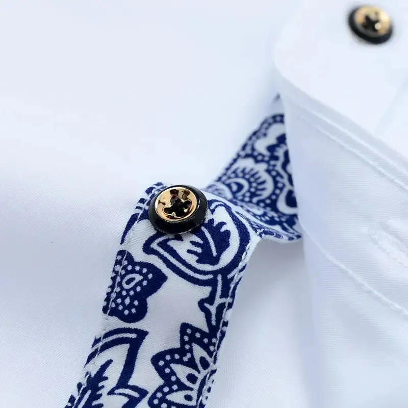 Men's Business Casual Long Sleeve Shirt Slim-fit - Blue and White Porcelain Collar - Formal Cotton Shirt