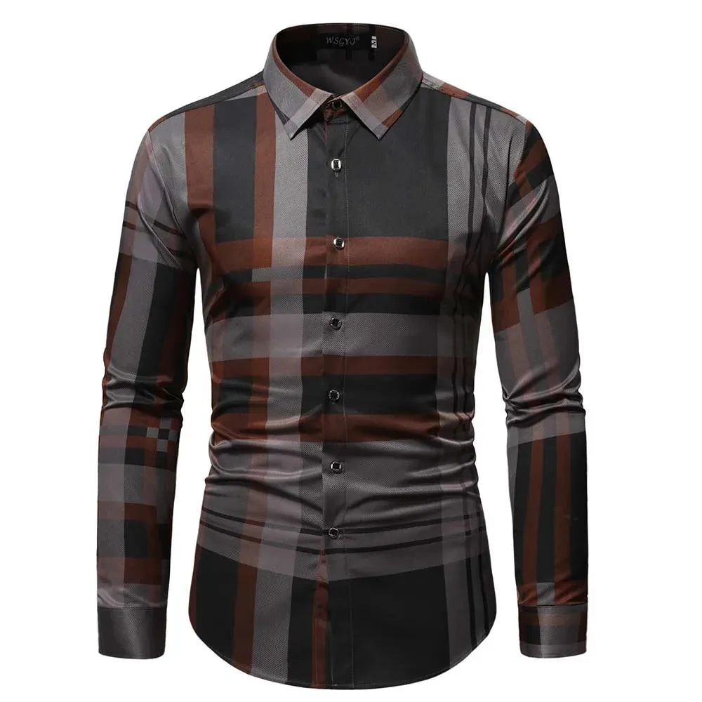 Men's Slim Fit Button-Down Plaid Cotton Dress Shirt