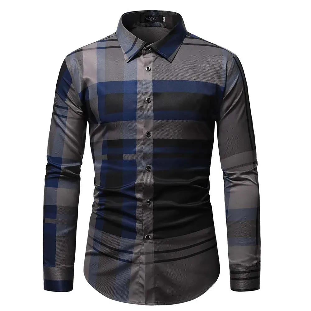 Men's Slim Fit Button-Down Plaid Cotton Dress Shirt