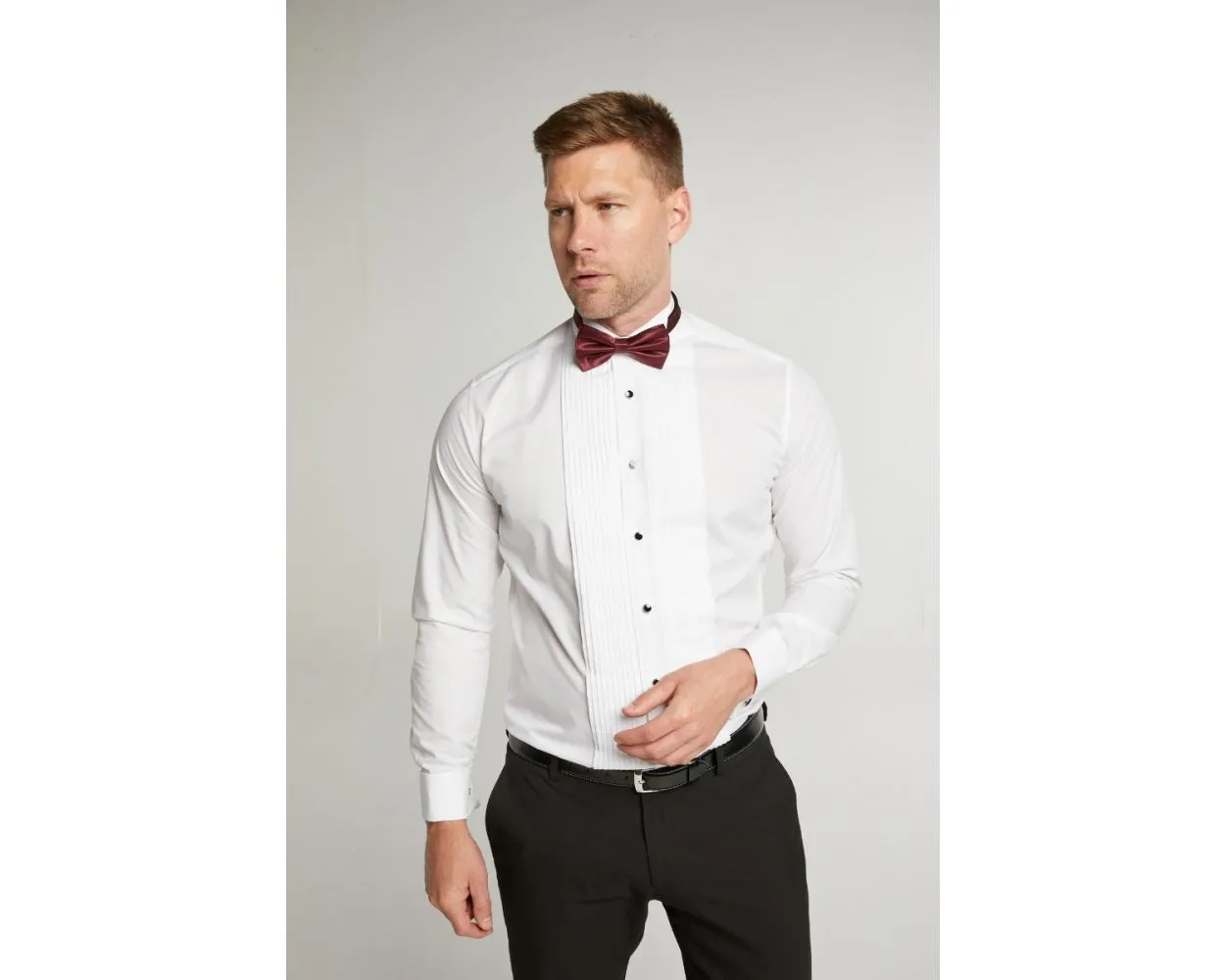 Men's White Wing Collar Stitch Pleat Formal Dress Shirt