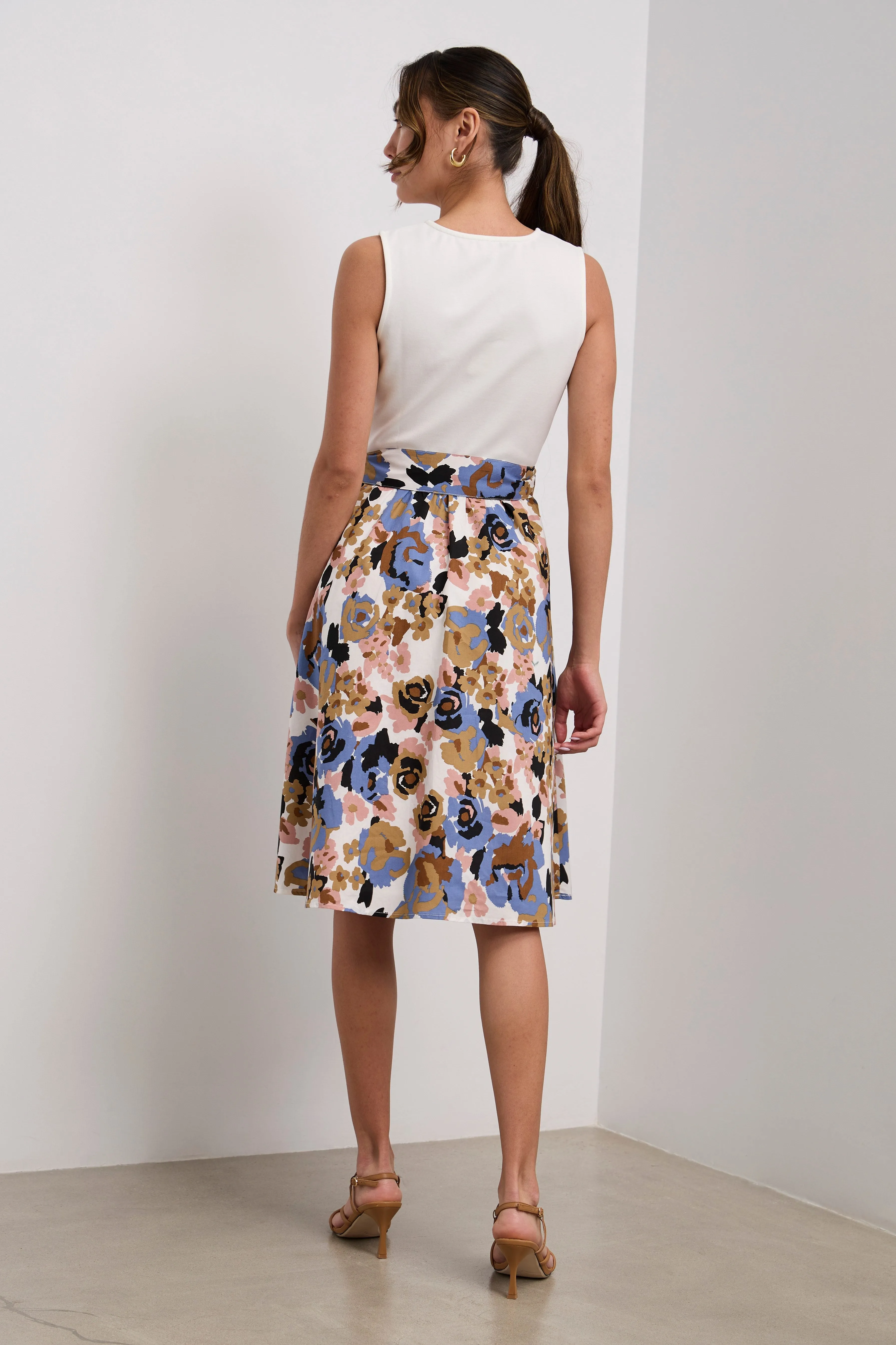 Midi printed poplin and jersey dress