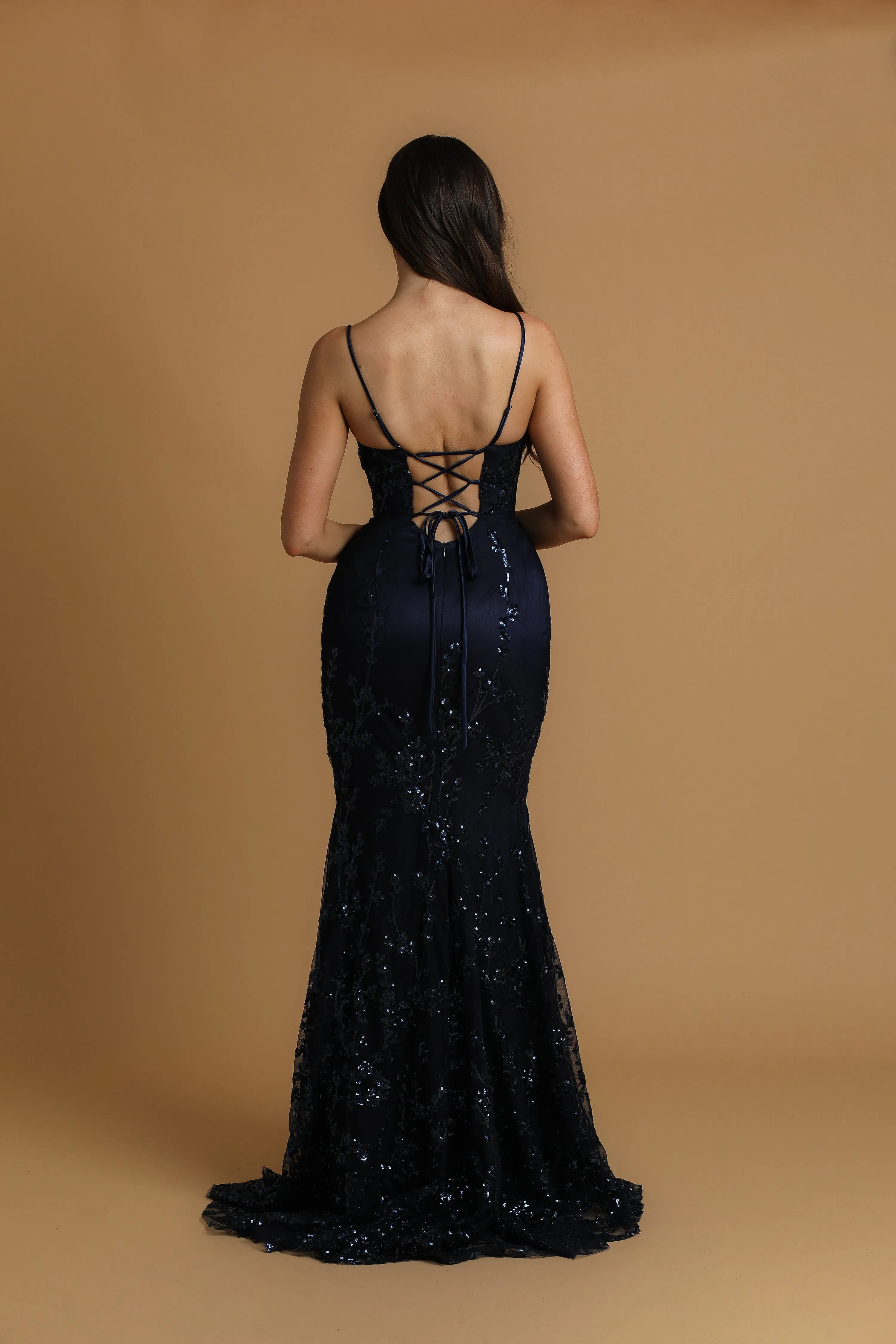 Navy blue sequin lace straight cut neckline mermaid dress