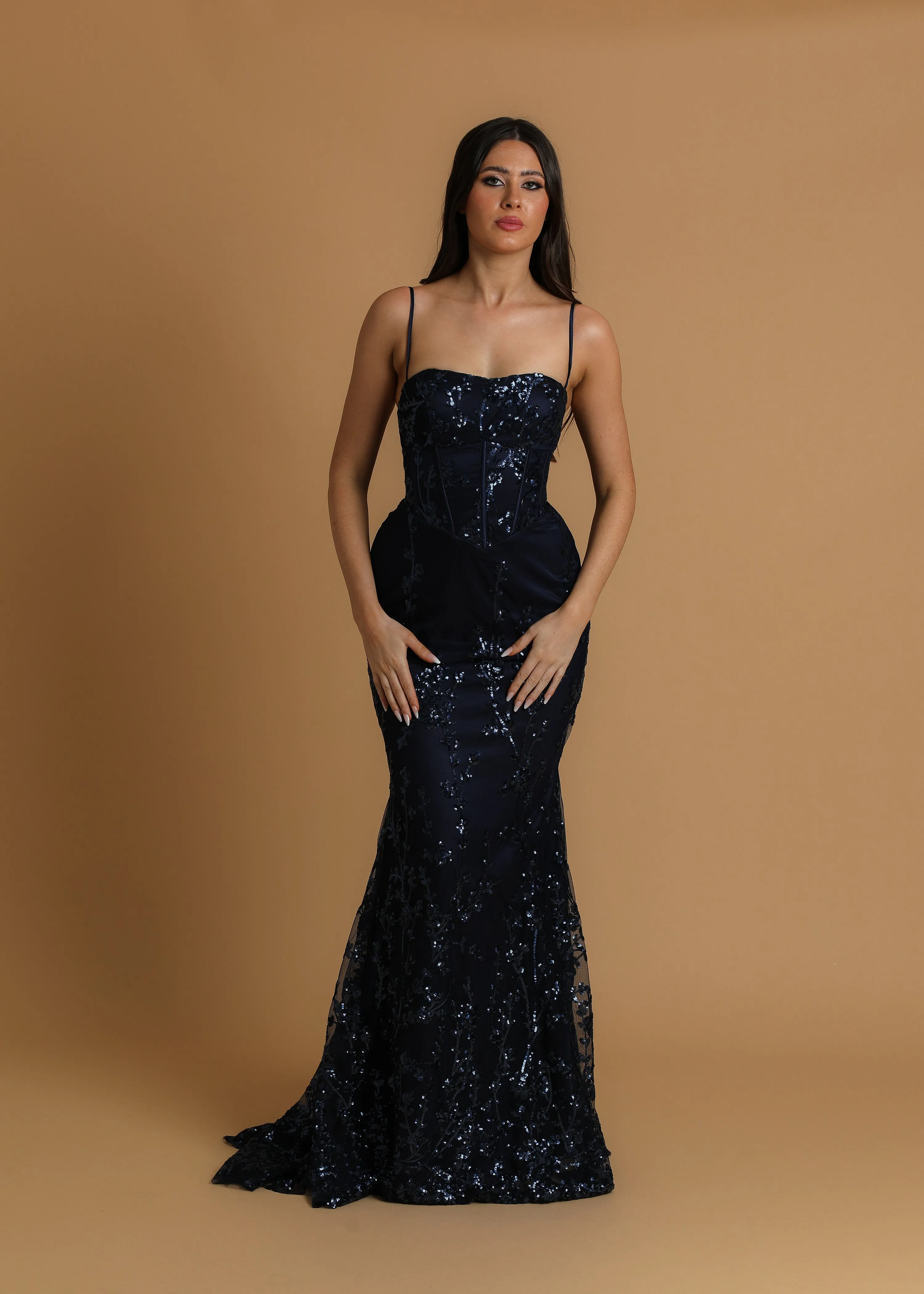 Navy blue sequin lace straight cut neckline mermaid dress