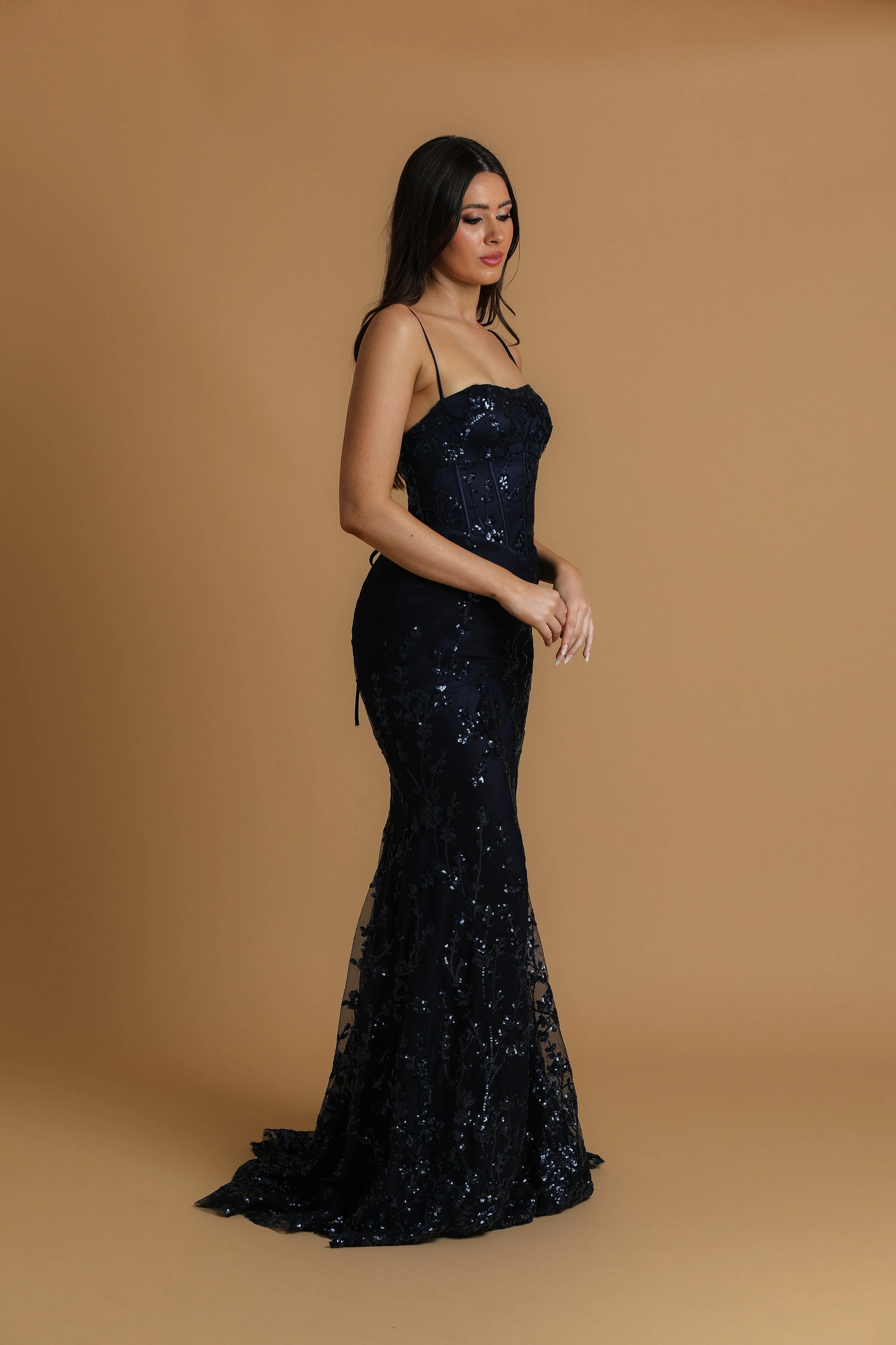 Navy blue sequin lace straight cut neckline mermaid dress