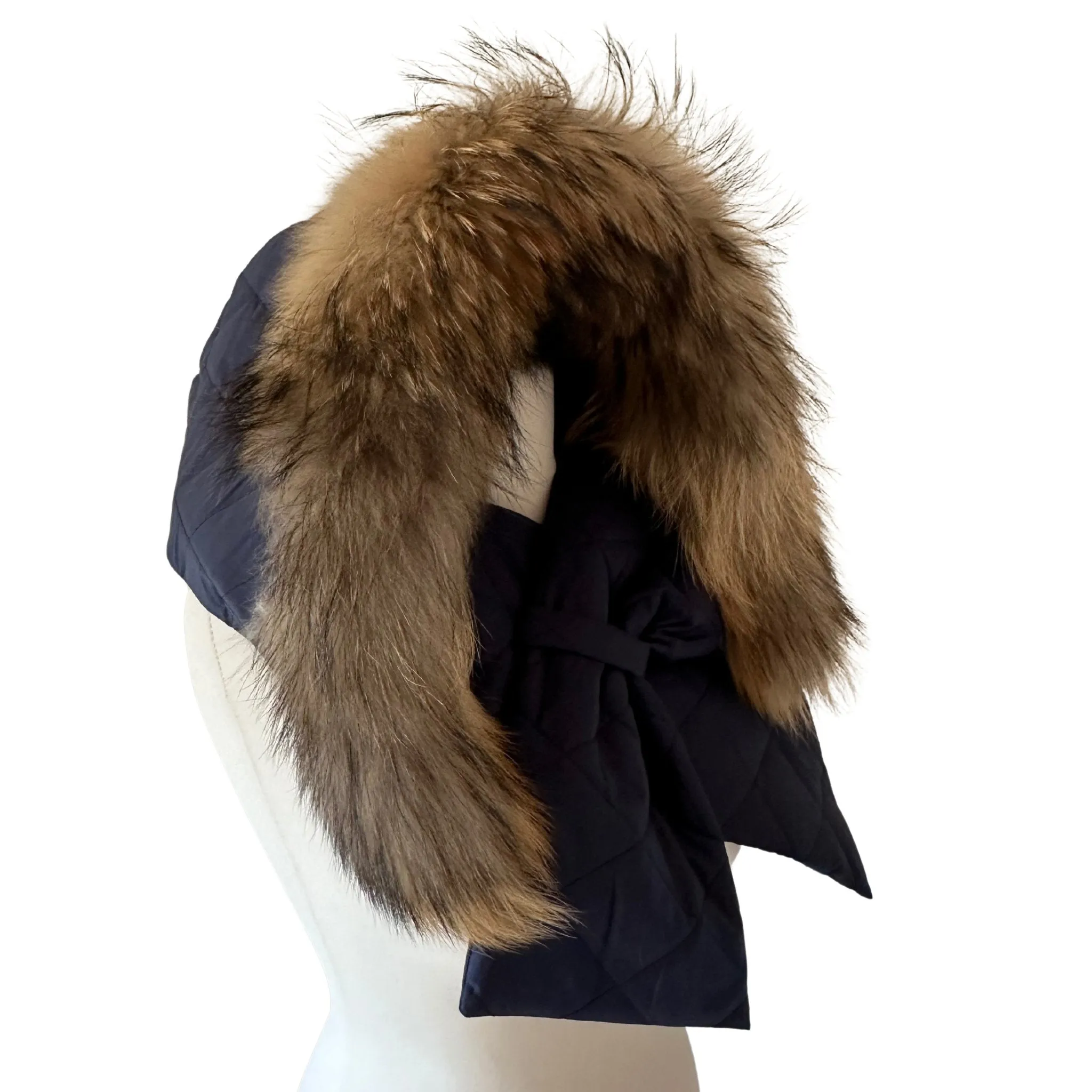 Navy Hood Scarf Puffer Warm Quilted Downy Waterproof Padded Insulated Headdress With Natural Fur Trim
