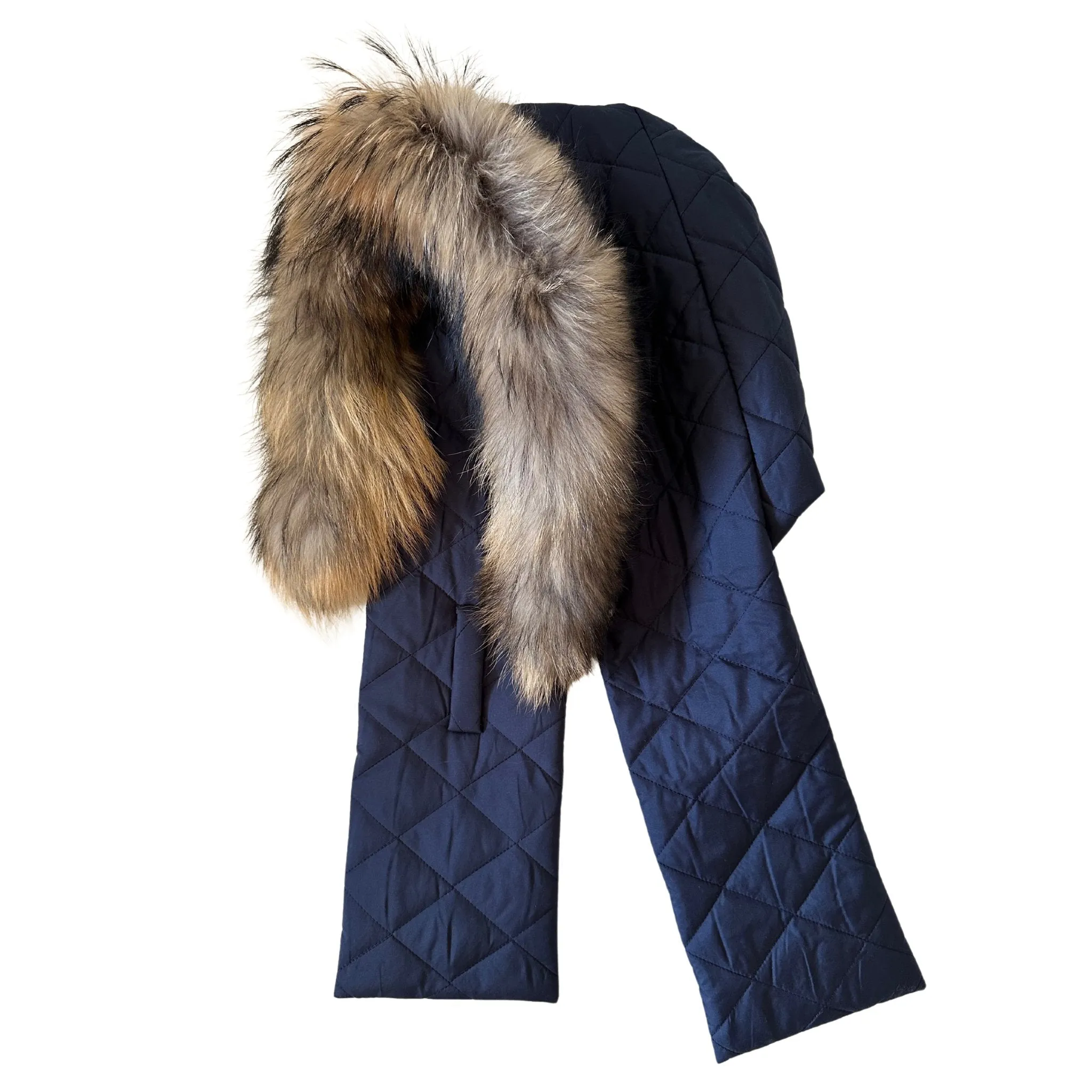 Navy Hood Scarf Puffer Warm Quilted Downy Waterproof Padded Insulated Headdress With Natural Fur Trim