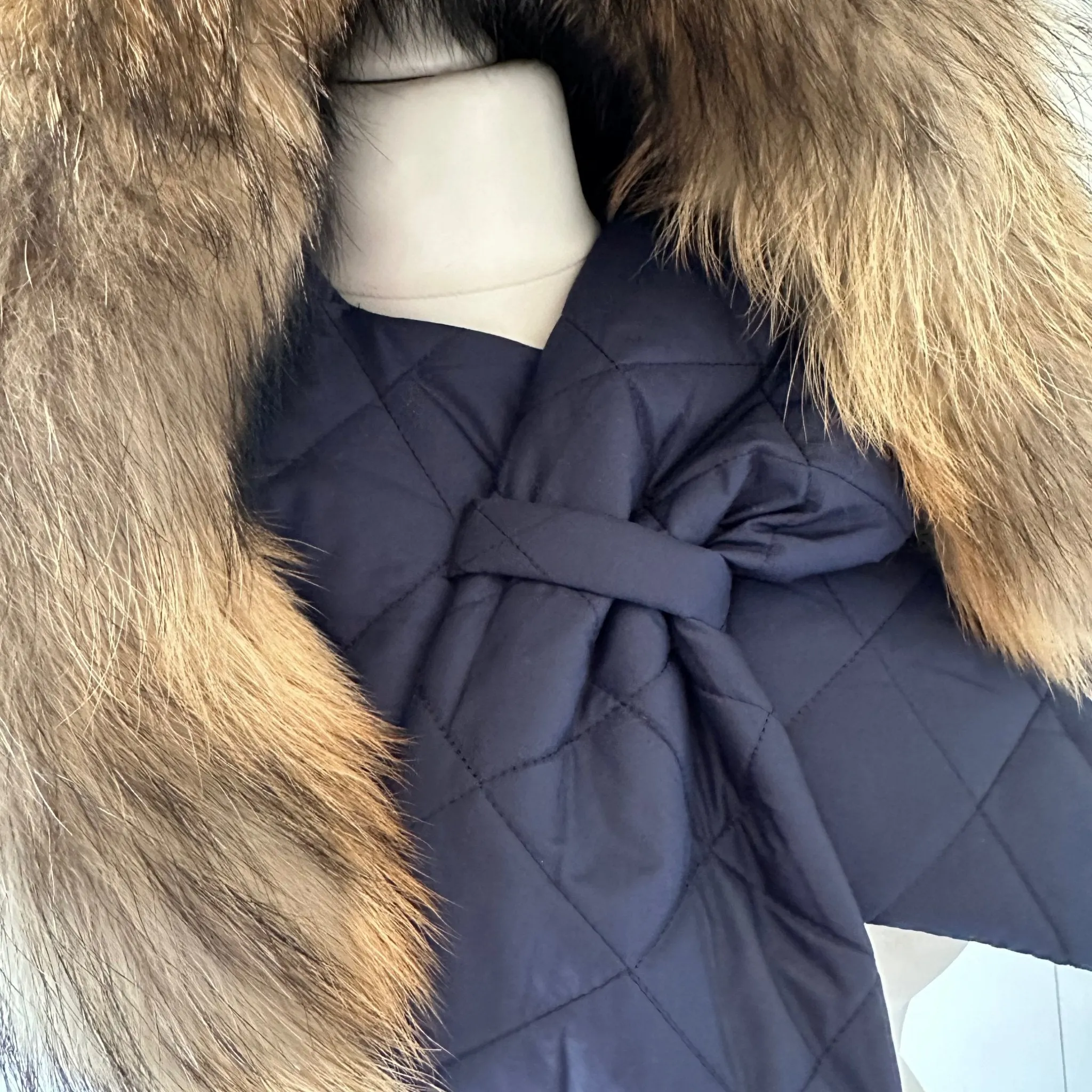 Navy Hood Scarf Puffer Warm Quilted Downy Waterproof Padded Insulated Headdress With Natural Fur Trim