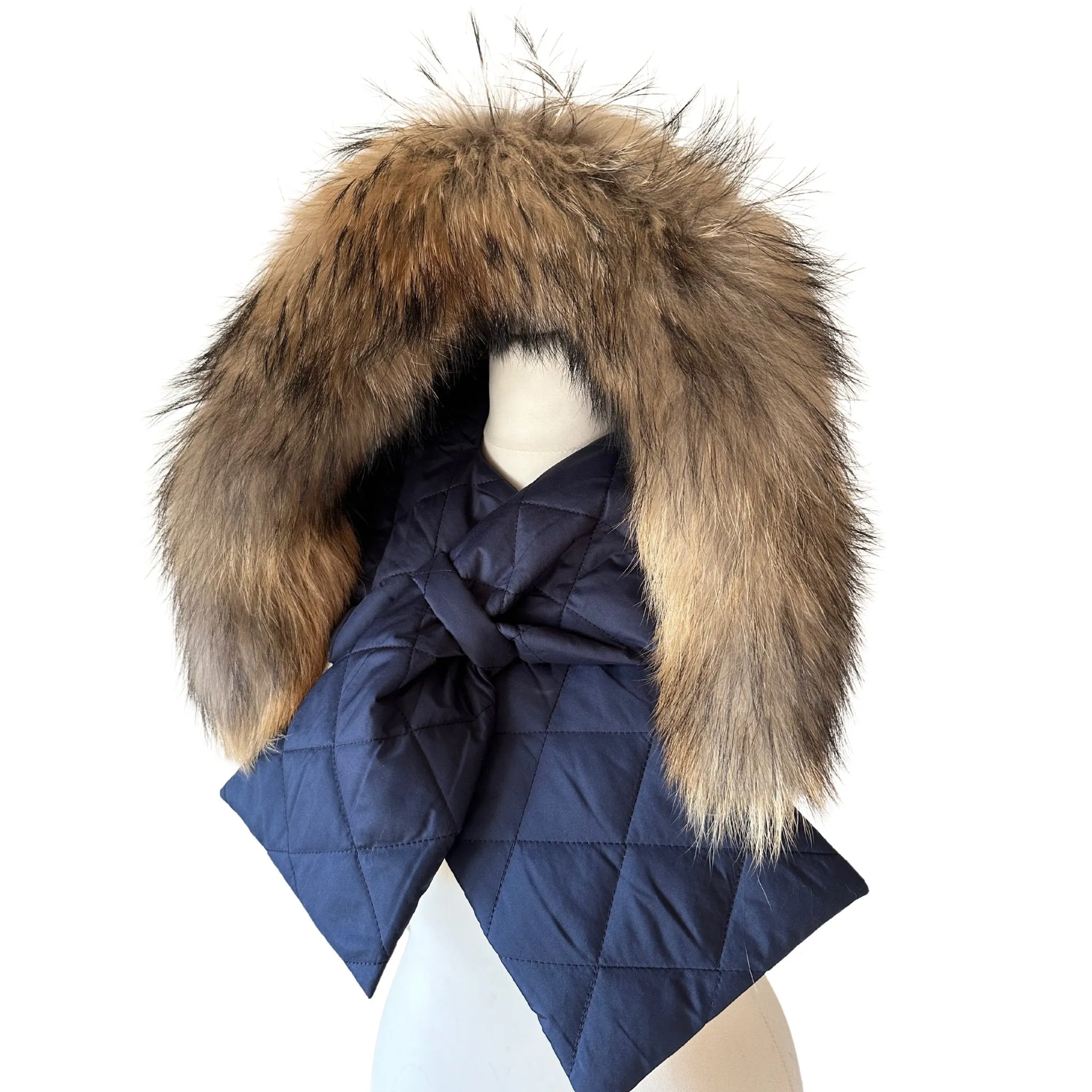 Navy Hood Scarf Puffer Warm Quilted Downy Waterproof Padded Insulated Headdress With Natural Fur Trim