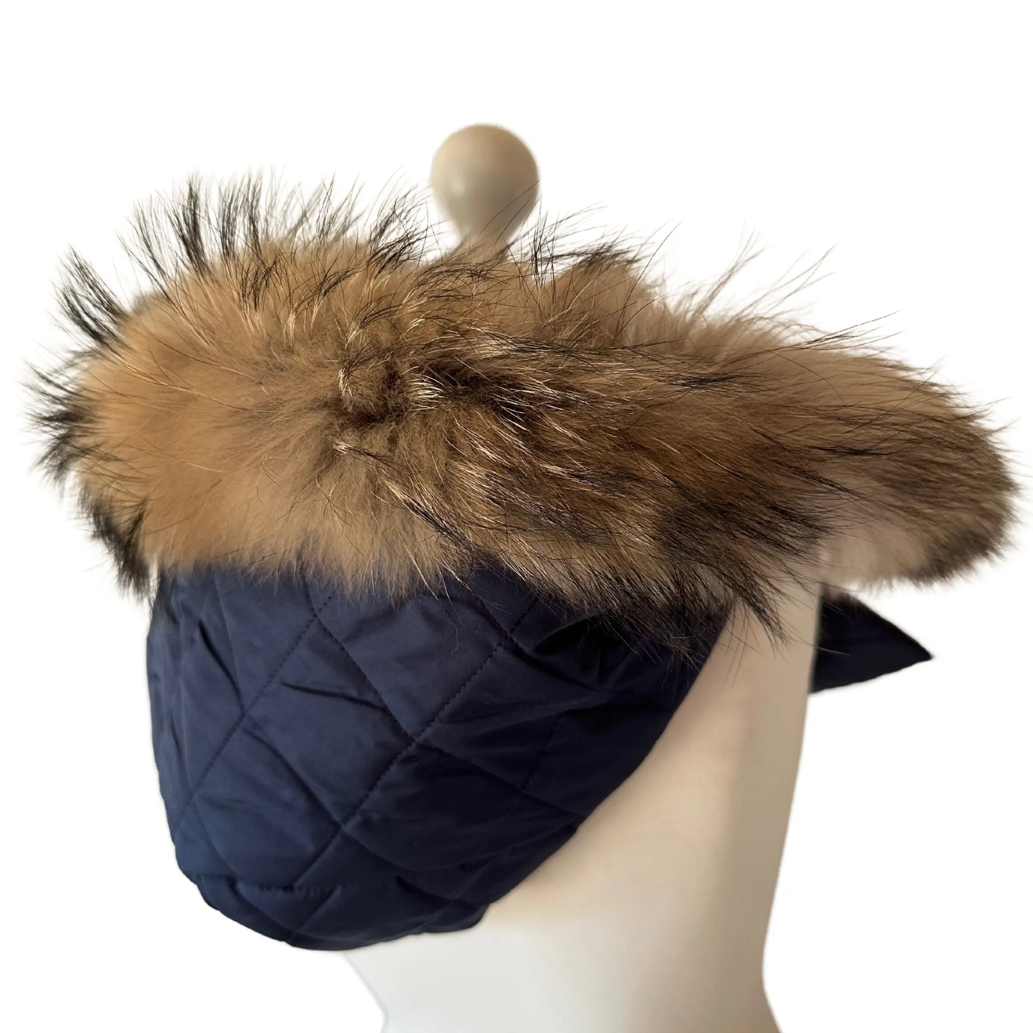 Navy Hood Scarf Puffer Warm Quilted Downy Waterproof Padded Insulated Headdress With Natural Fur Trim
