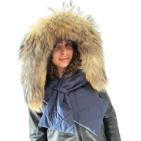 Navy Hood Scarf Puffer Warm Quilted Downy Waterproof Padded Insulated Headdress With Natural Fur Trim