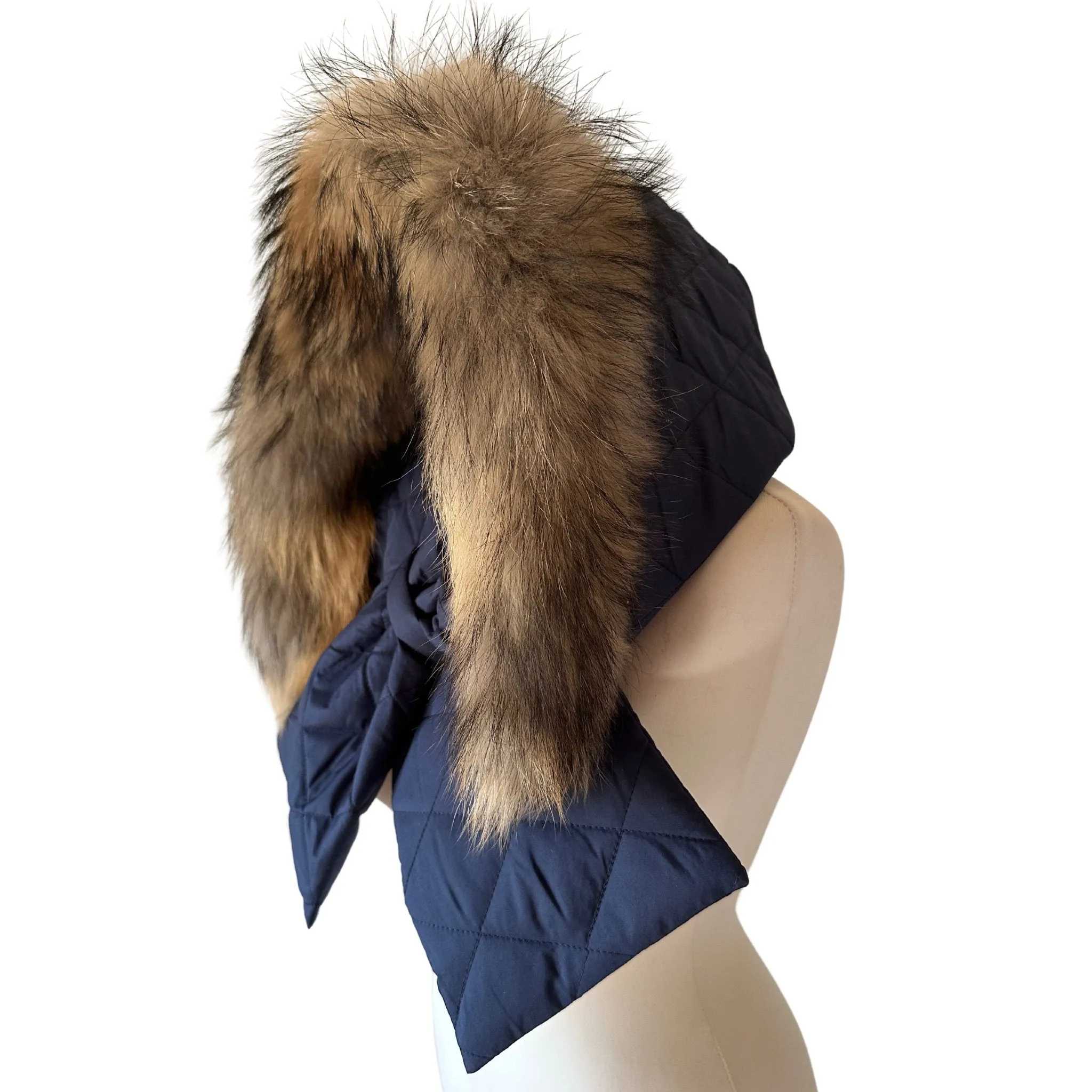 Navy Hood Scarf Puffer Warm Quilted Downy Waterproof Padded Insulated Headdress With Natural Fur Trim