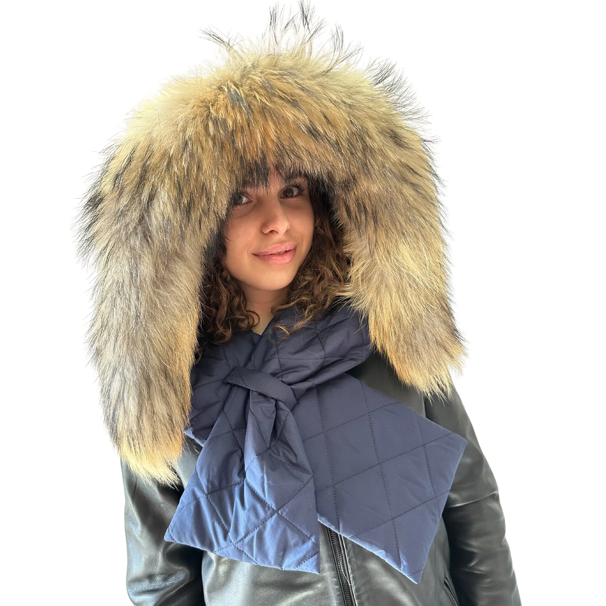 Navy Hood Scarf Puffer Warm Quilted Downy Waterproof Padded Insulated Headdress With Natural Fur Trim