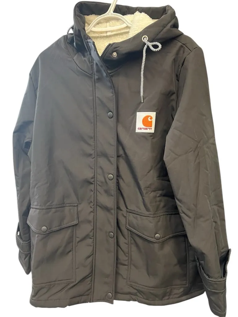 NEW Drepurja Carhartt Dupe Jacket for Women Logo Front Winter Warm Long Sleeve Jacket Zip Up Hoodie Sherpa Lined Thermal Jacket, Black, Fits L/XL