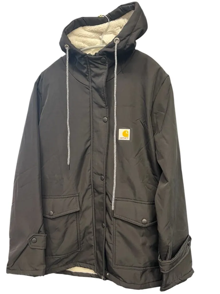 NEW Drepurja Carhartt Dupe Jacket for Women Logo Front Winter Warm Long Sleeve Jacket Zip Up Hoodie Sherpa Lined Thermal Jacket, Black, Fits L/XL