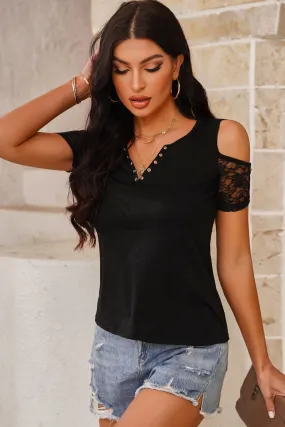 Notched Neck Cold-Shoulder Lace Top