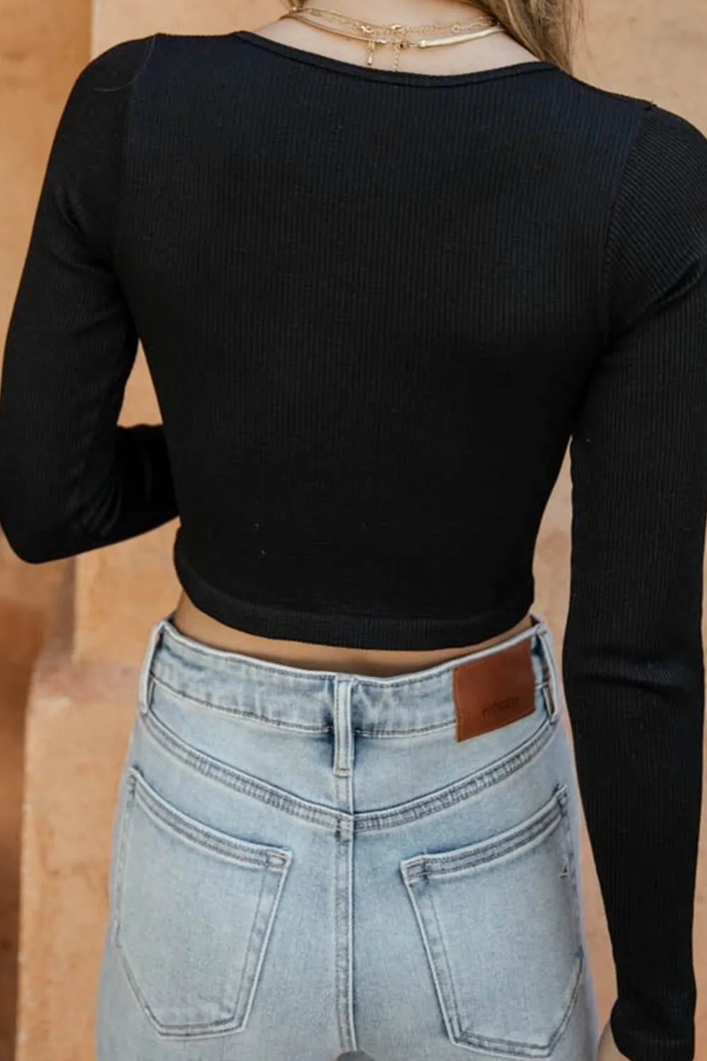 Notched Neck Long Sleeve Crop Top