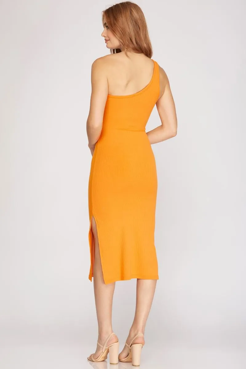 ORANGE ONE SHOULDER RIB KNIT BODYCON MIDI DRESS S12SY3467