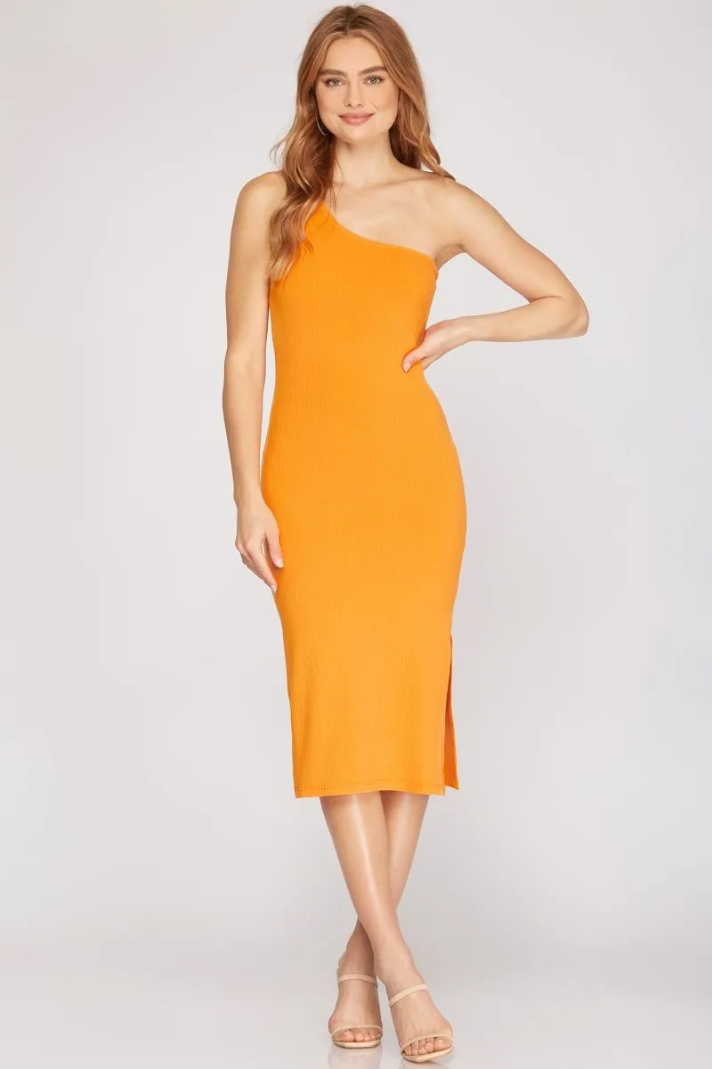ORANGE ONE SHOULDER RIB KNIT BODYCON MIDI DRESS S12SY3467
