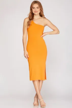 ORANGE ONE SHOULDER RIB KNIT BODYCON MIDI DRESS S12SY3467