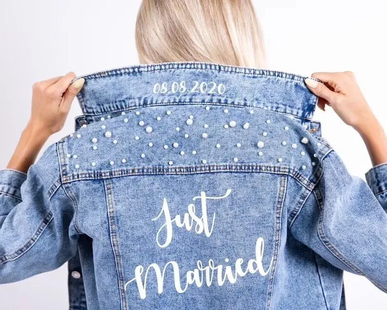 Personalised Denim Jacket, Bride Pearl Jacket, Bride to Be, Just Married, Honeymoon, Hen Party, Wifey Bridal Gift