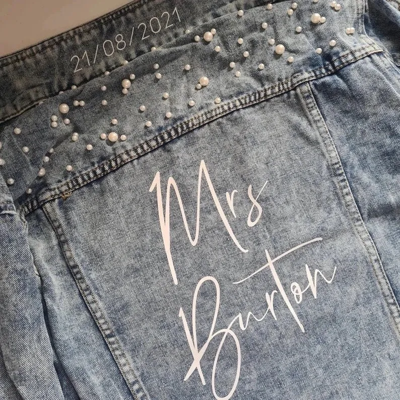 Personalised Denim Jacket, Bride Pearl Jacket, Bride to Be, Just Married, Honeymoon, Hen Party, Wifey Bridal Gift