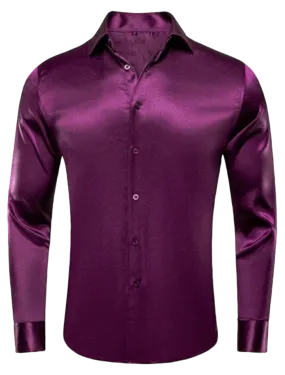 Plum Purple Men’s solid Shiny Shirt Long Sleeves Slim Fit Satin Material