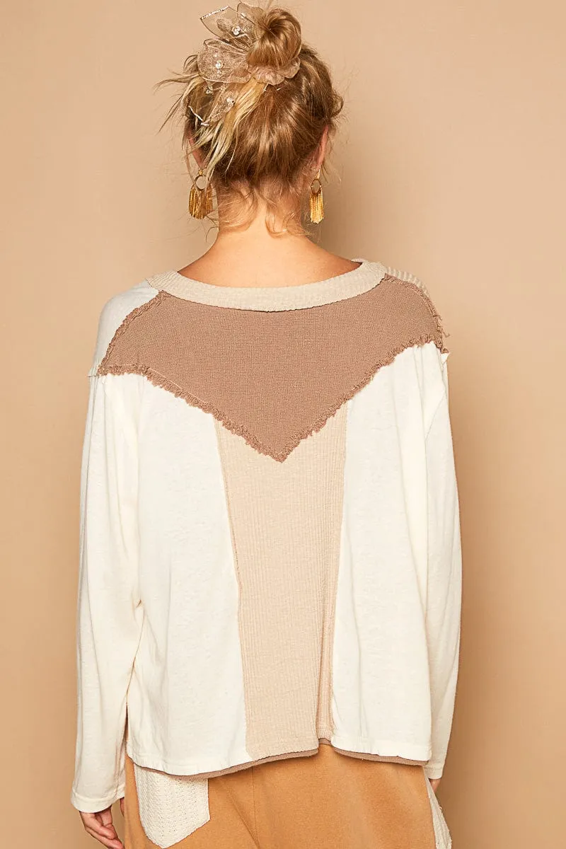 POL Color Block Notched Neckline Casual Knit Top