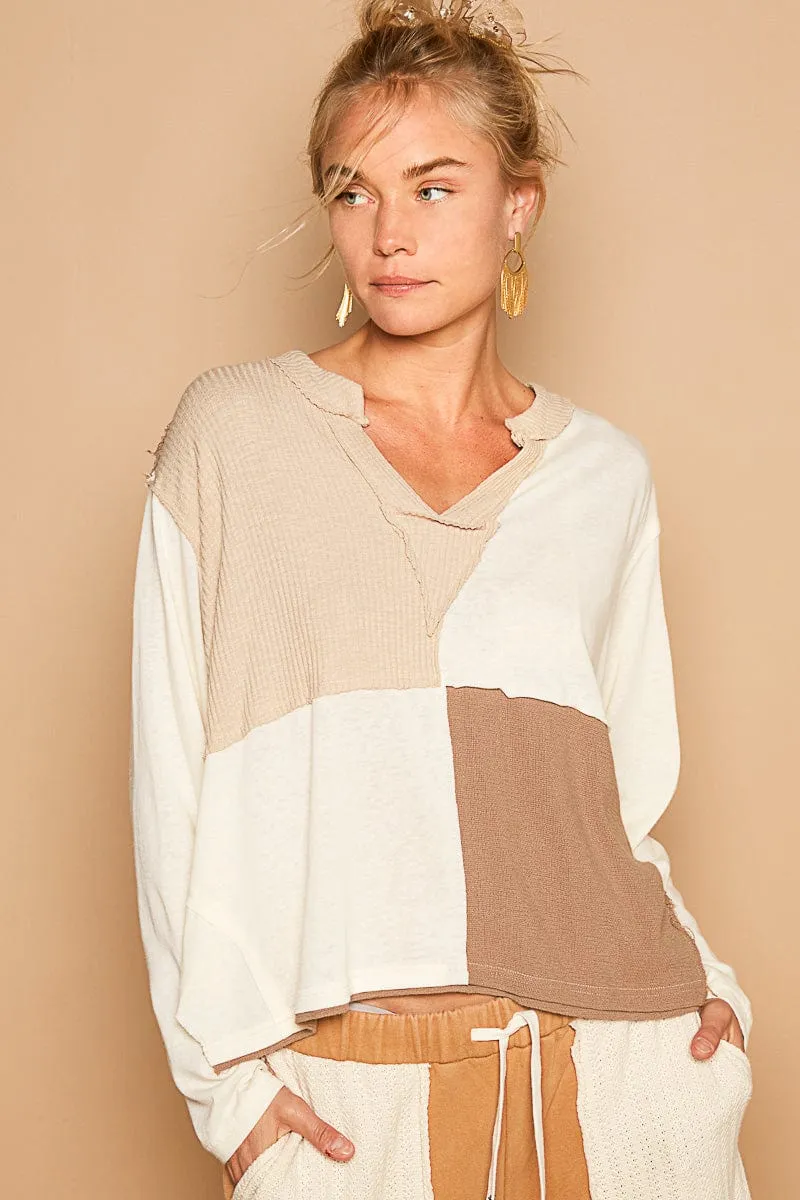 POL Color Block Notched Neckline Casual Knit Top