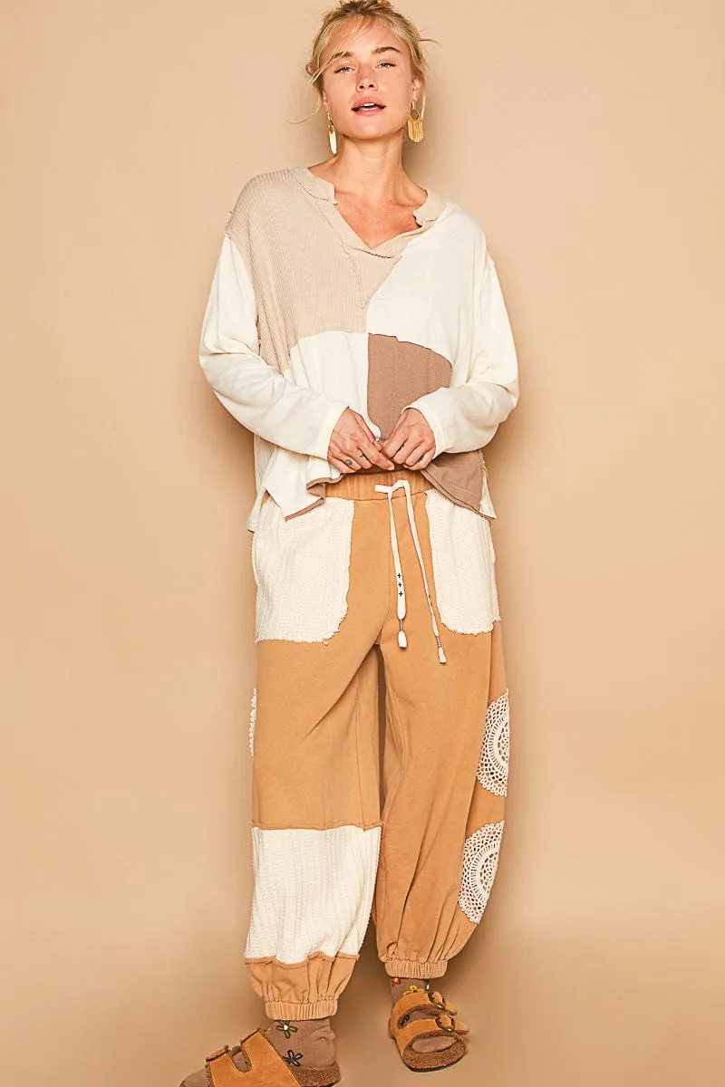POL Color Block Notched Neckline Casual Knit Top