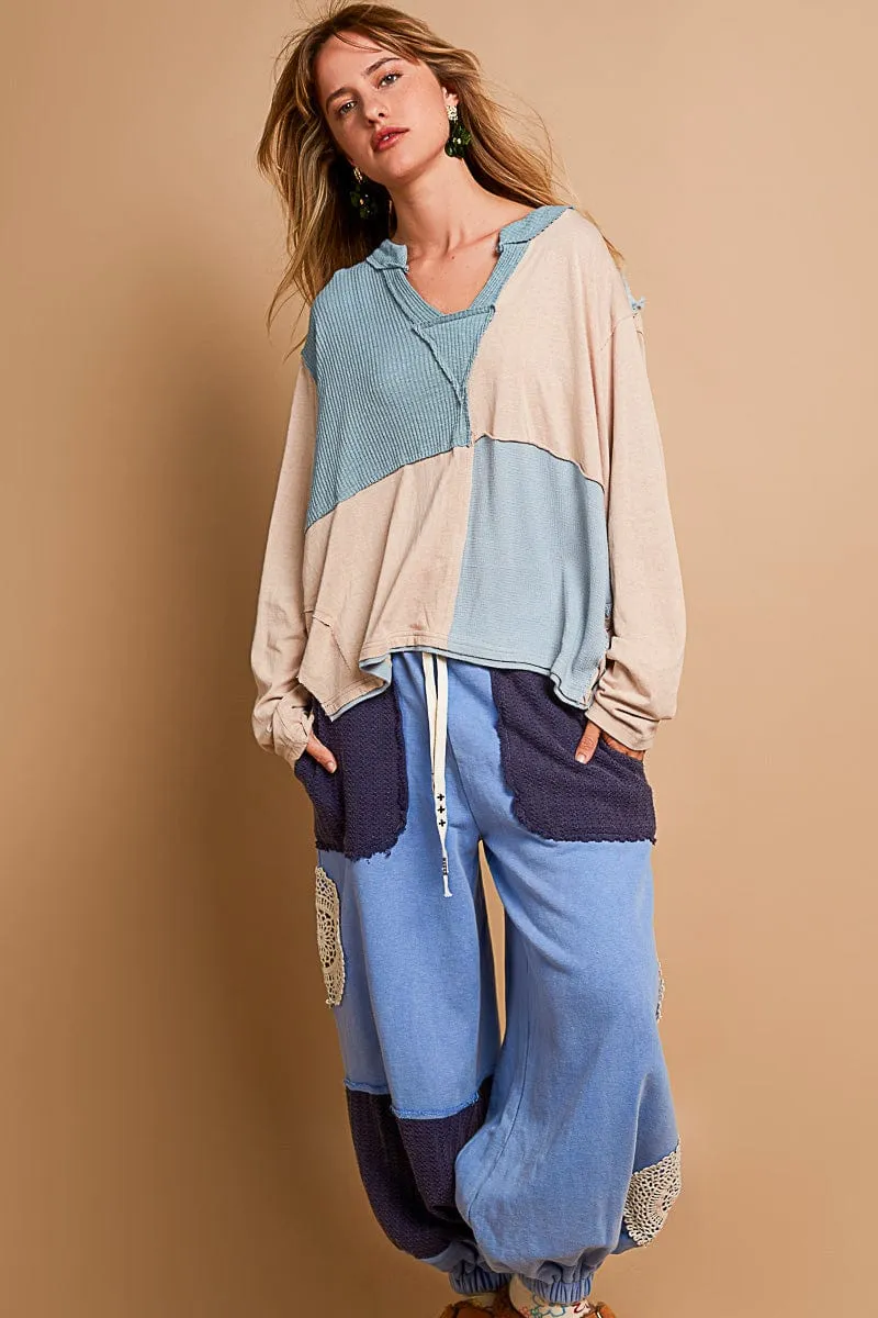 POL Color Block Notched Neckline Casual Knit Top