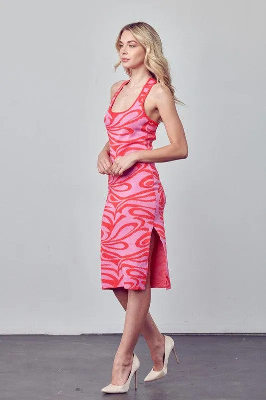print knit x back midi dress