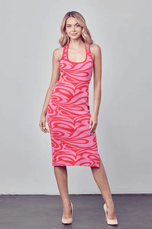 print knit x back midi dress