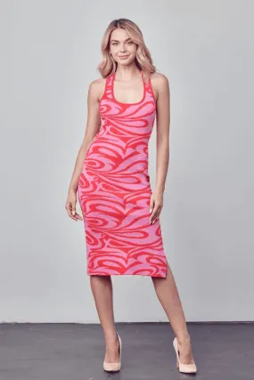 print knit x back midi dress