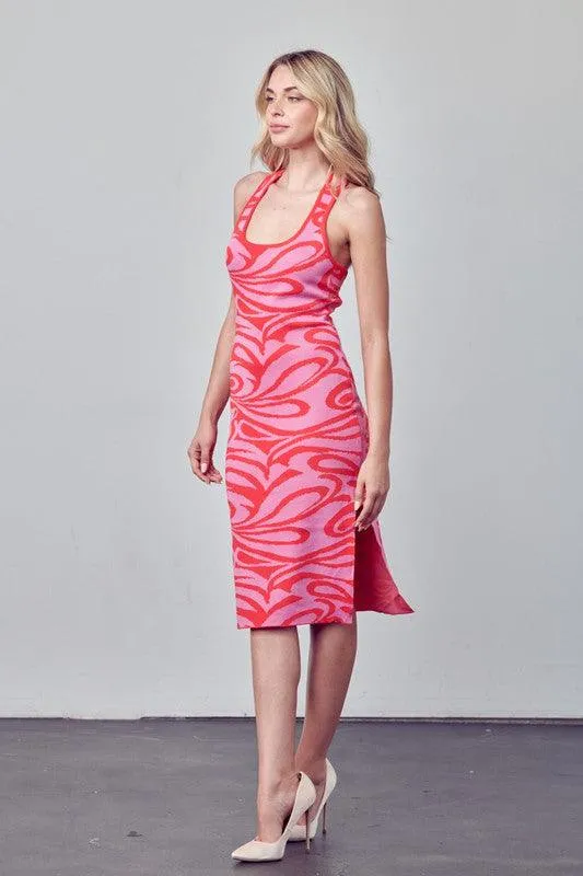 print knit x back midi dress