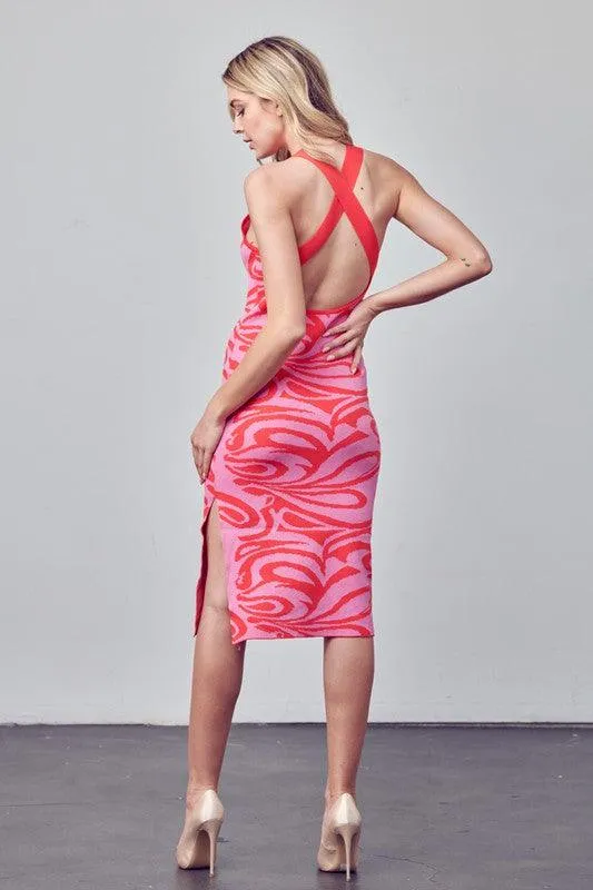 print knit x back midi dress