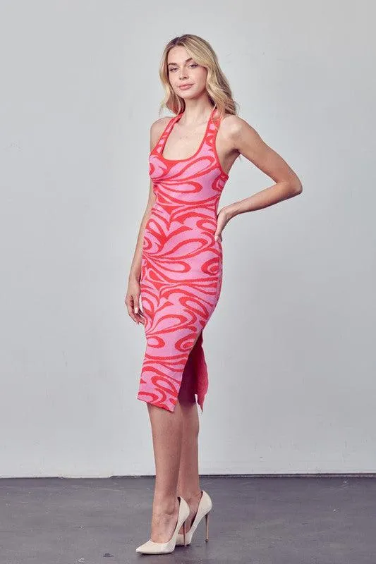 print knit x back midi dress