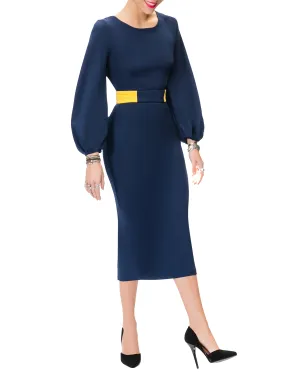 "Donna" Navy Midi Dress w/ Mustard Contrast