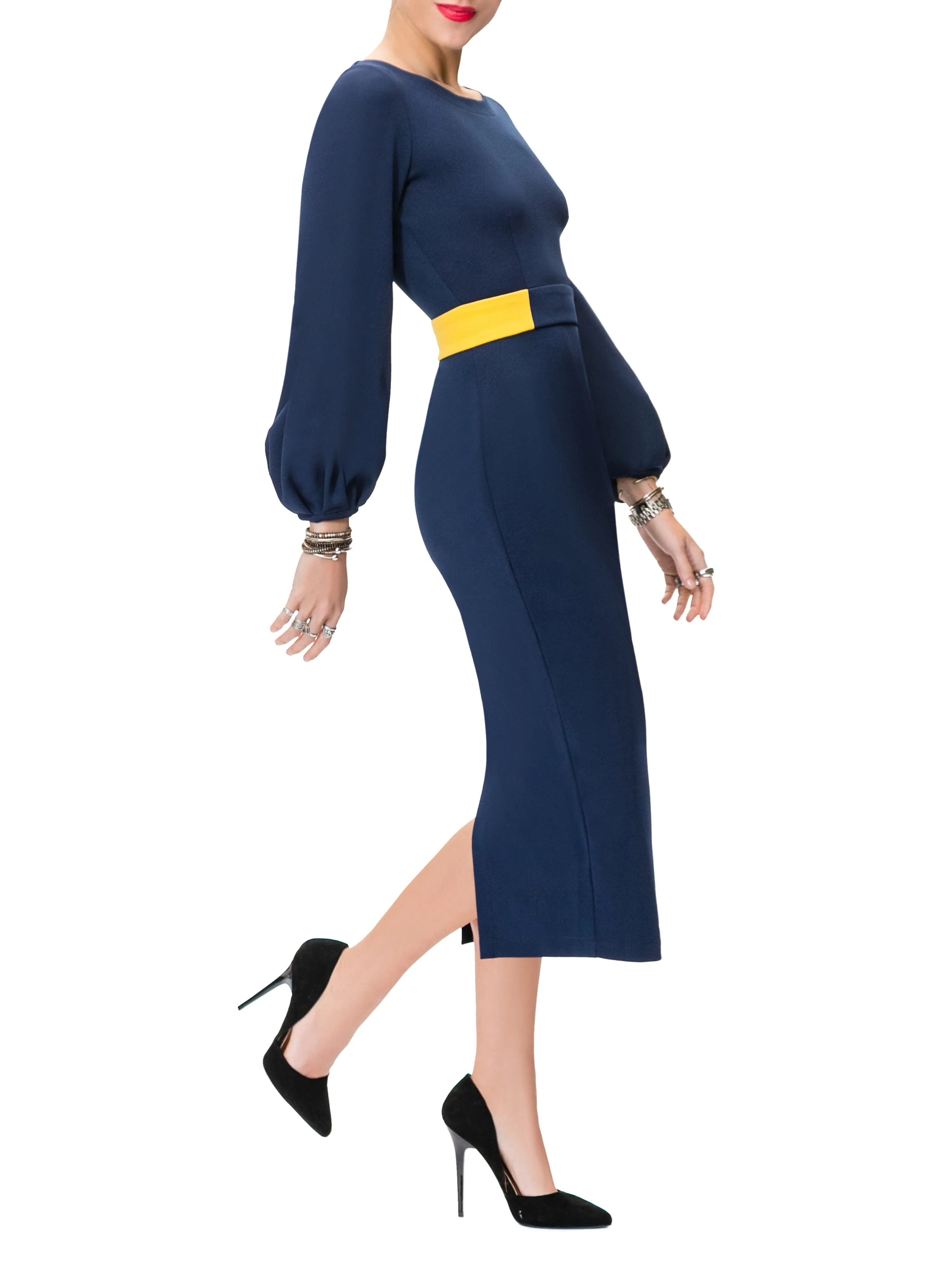 "Donna" Navy Midi Dress w/ Mustard Contrast