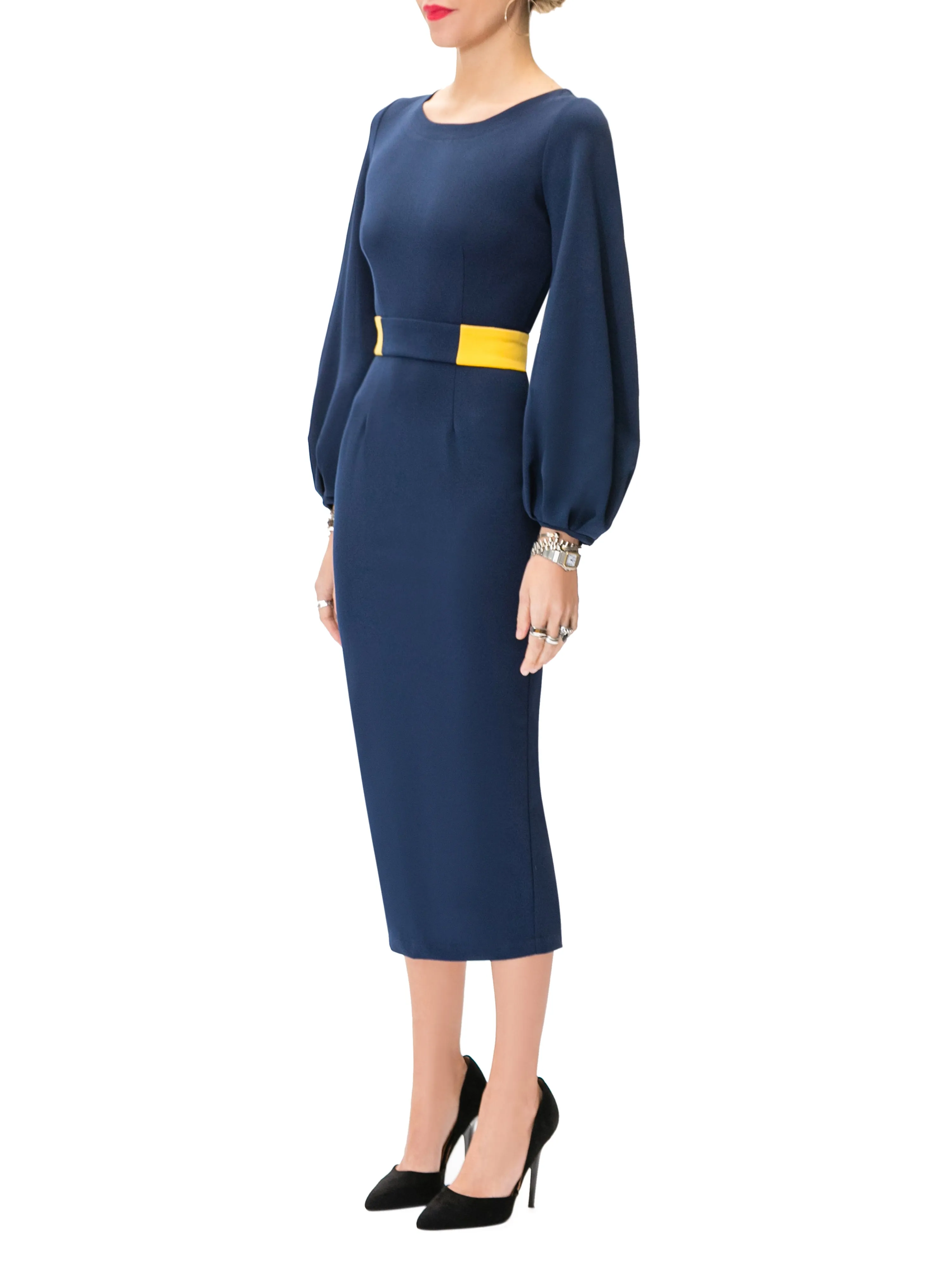 "Donna" Navy Midi Dress w/ Mustard Contrast
