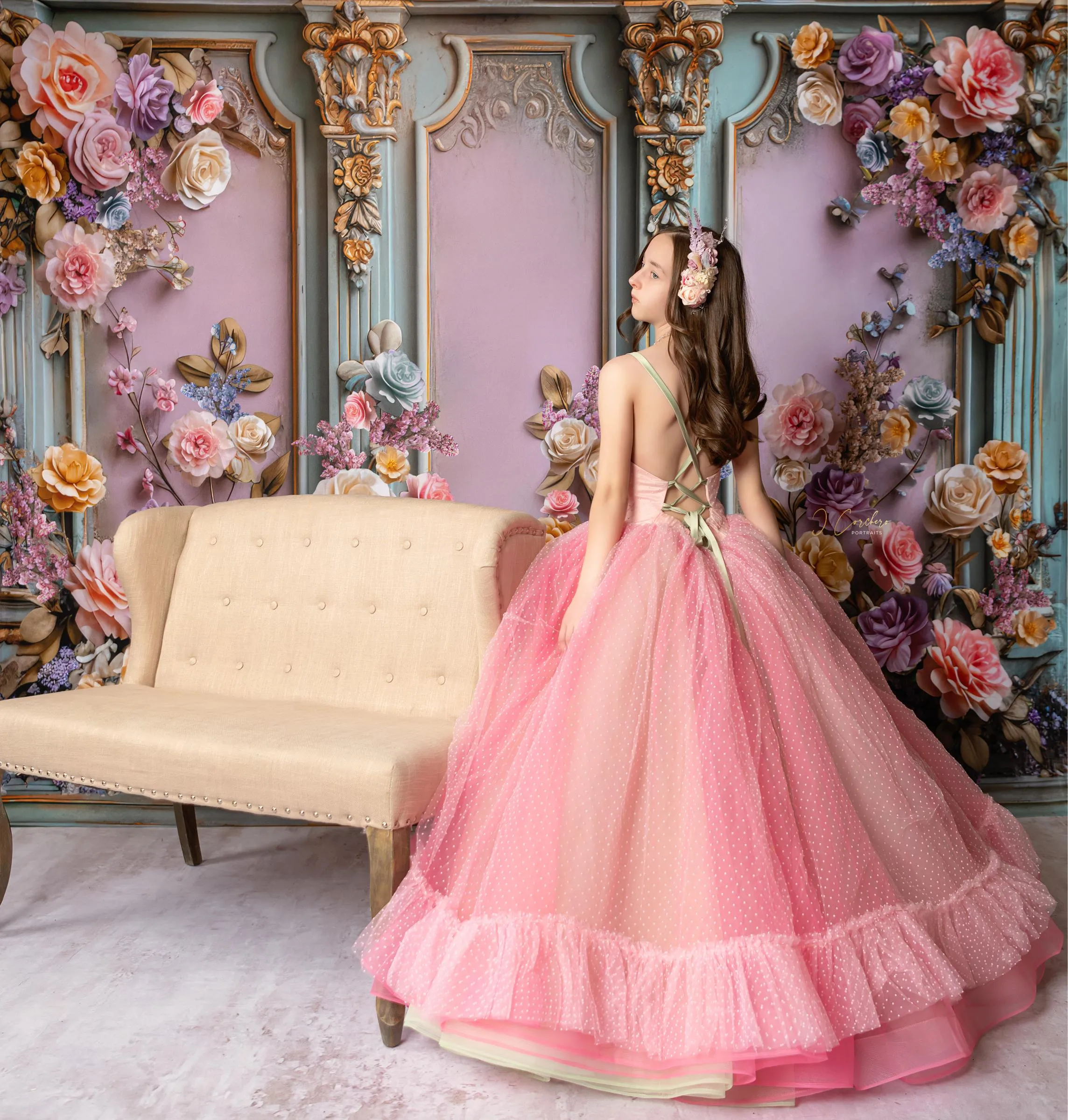 "Swish Dot" Couture Pastel  Floor length gown  ( 8 Year - Petite 11 Year)